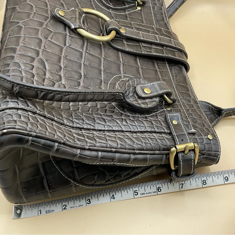 CHARLIE LAPSON Crocodile brown leather embossed shoulder bag.